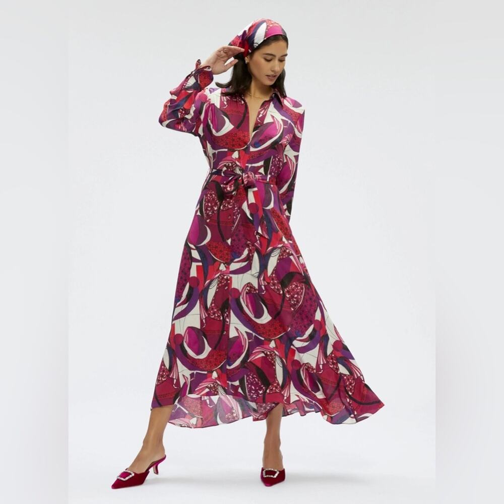 Robert Graham 2 Gianna Long-Sleeve Maxi Shirtdress fuchsia swirly button up - Picture 4 of 14